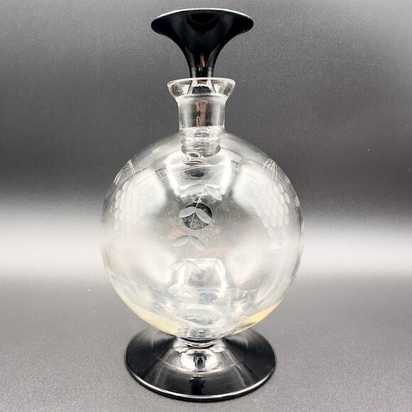 Lyngby Glass Decanter Art Deco Danish Etched Grapes Black Foot and Stopper c 40s - Picture 8 of 13